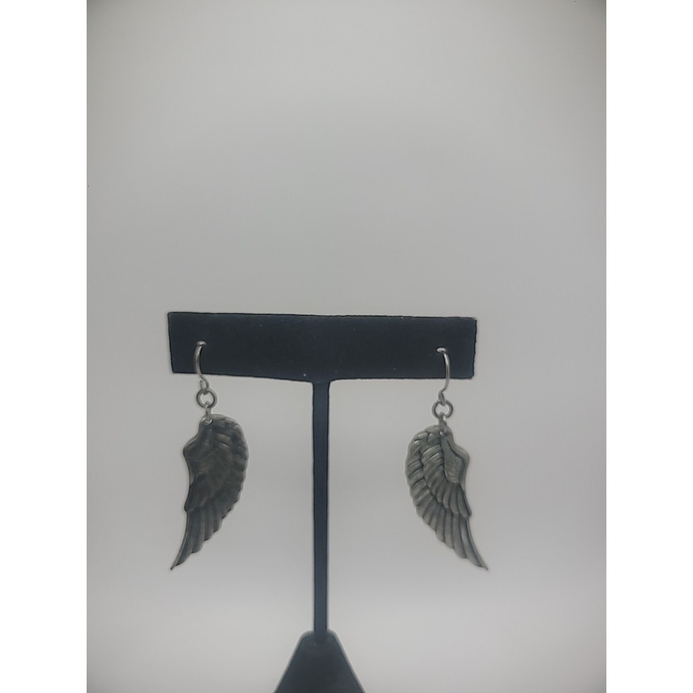 Vintage Earrings Pierced Hook Gray Silver Tone Wings Drop Dangle Jewelry Costume